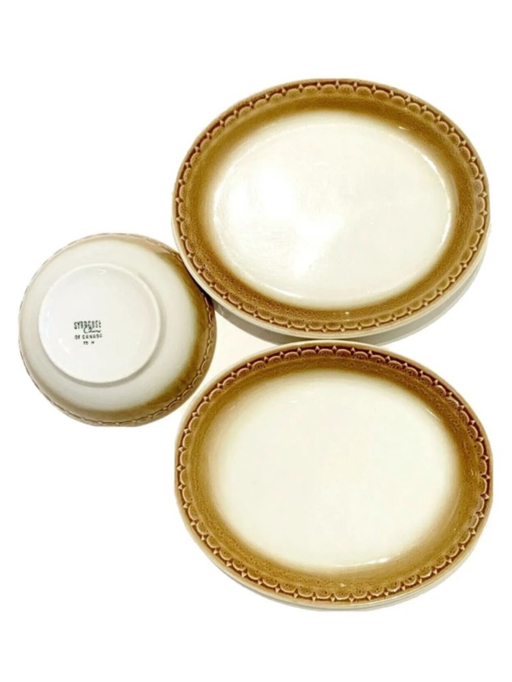Syracuse China Porcelain 3 Piece Set Oval Serving Plates Bowl White Brown Rim